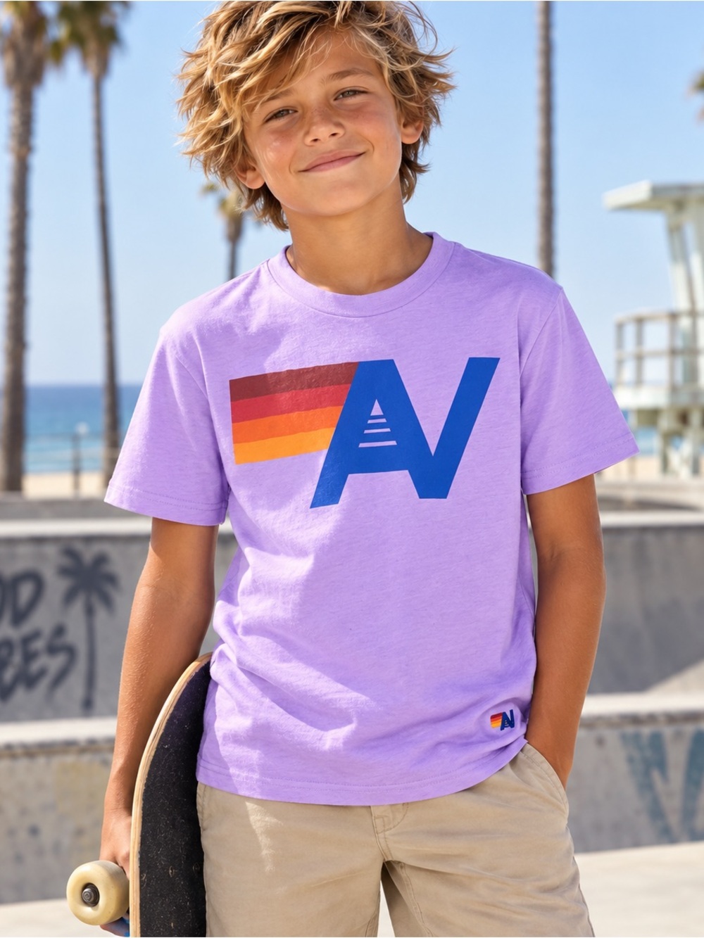 Aviator Nation Kids Logo Tee Neon Purple Bold Blue Logo w/Sunset Stripes Sz 10